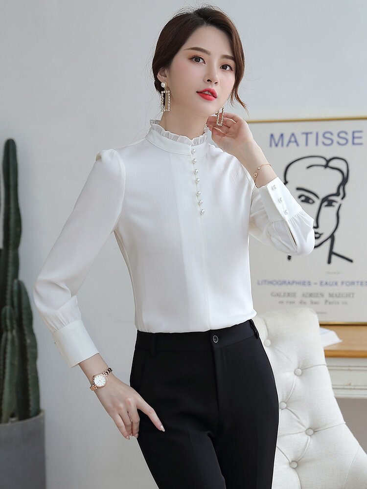 长袖白色衬衫女设计感小众2020春装新款时尚洋气立领职业雪纺衬衣