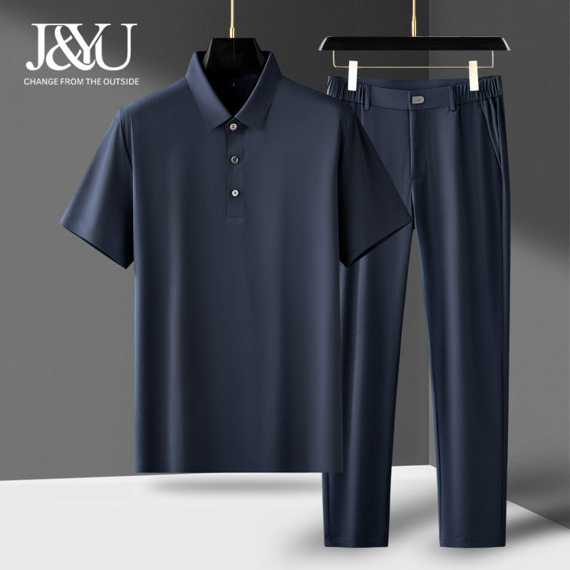 高端男士休闲套装夏季冰丝polo衫男商务松紧腰长裤男抗皱免烫西裤