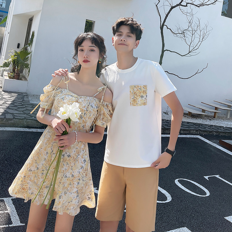 情侣装夏装小众设计短袖t恤法式气质碎花连衣裙韩版一衣一裙ins潮