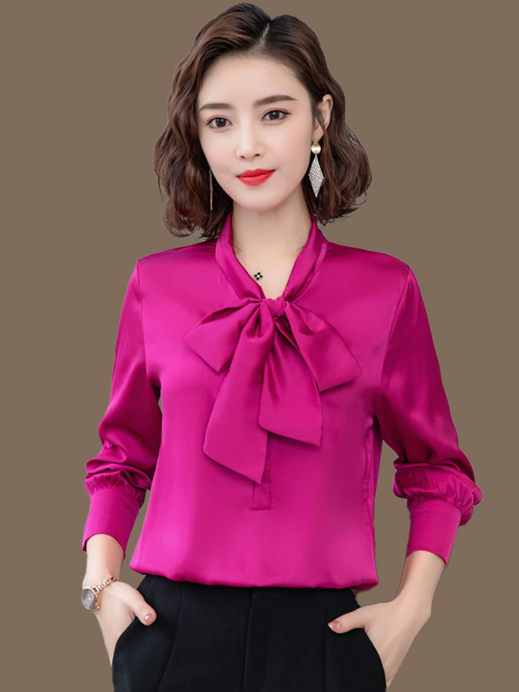 夏装2021新款女士真丝衬衫通勤纯色上衣宽松桑蚕丝蝴蝶结衬衣长袖