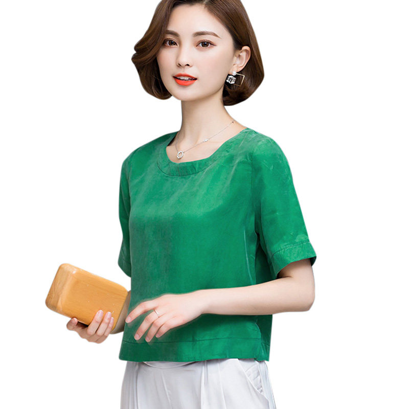 妈妈桑蚕丝上衣女2021夏季新款圆领宽松半袖重磅真丝短袖t恤小衫 - 碧