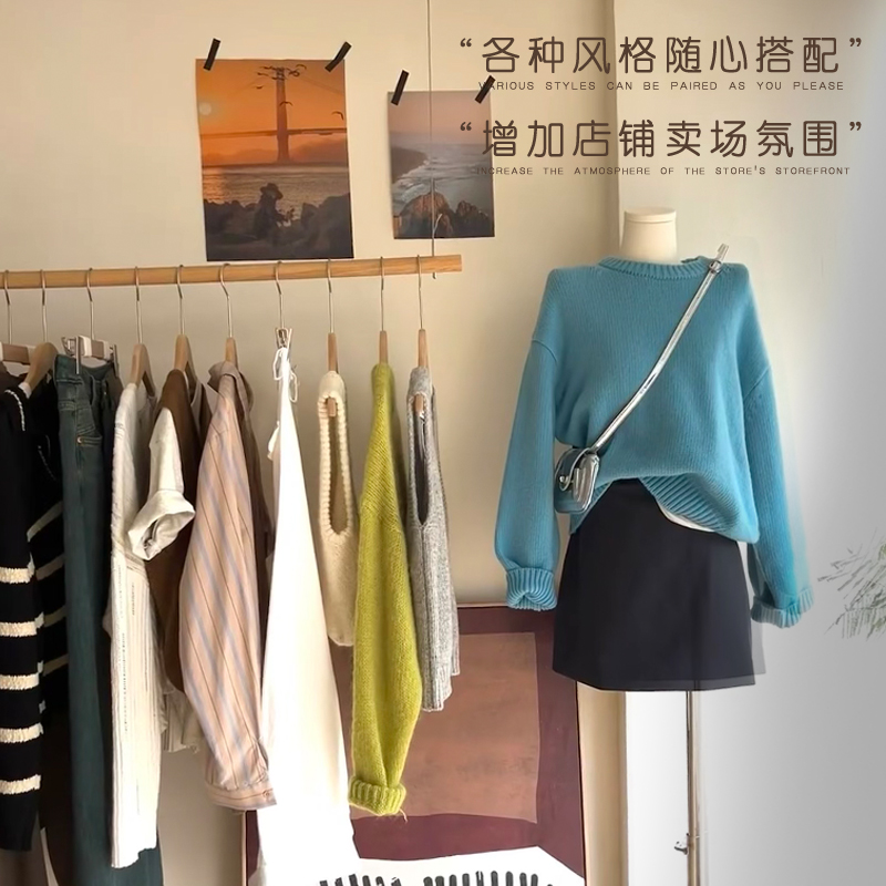 服装店挂衣杆展示架吊顶衣服架悬挂衣架顶装木质单杆货架创意展架