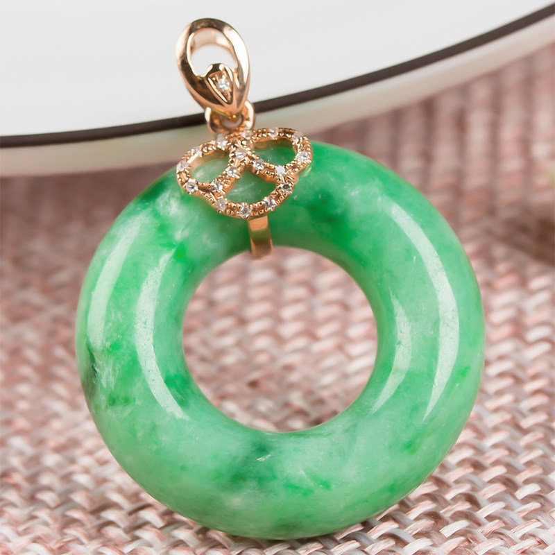 18k金镶嵌缅甸天然a货翡翠平安环吊坠 6.32g