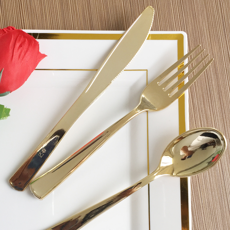 独立包装金色一次性塑料西餐刀叉勺牛排刀西式餐具活动派对用品