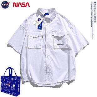 NASA短袖衬衫男潮牌工装高品质纯棉半袖学生夏季潮流宽松上衣男装