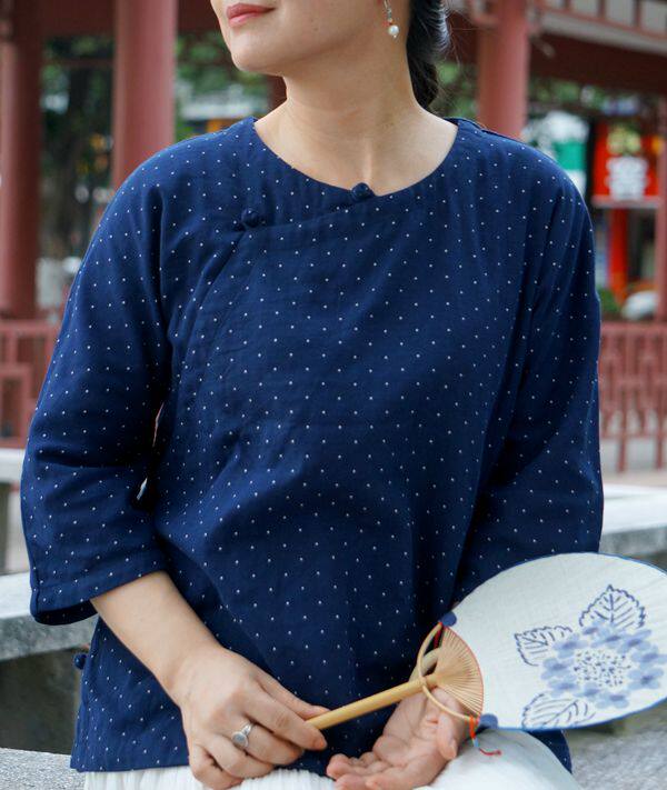 小蓝柜中缘中式复古民国风蓝色水玉圆领大襟棉布盘扣上衣女秋