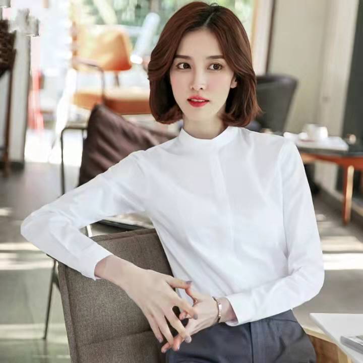 立领白衬衫女职业衬衣工作服内搭上衣设计感工装免烫七分袖小众蓝
