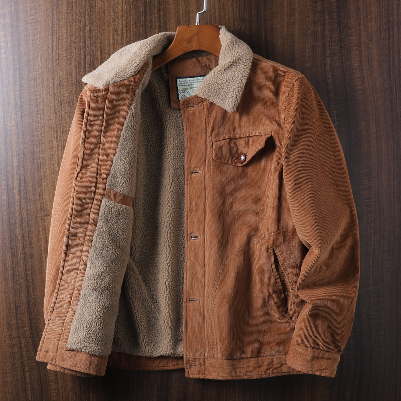 冬季复古男灯芯绒棉衣加绒加厚休闲棉服羊羔绒保暖外套宽松棉袄