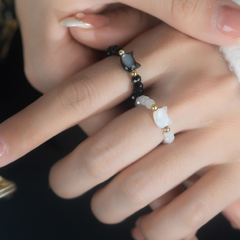 金美澳月光石可爱小猫咪戒指女小众设计动物造型食指中指珠子指环