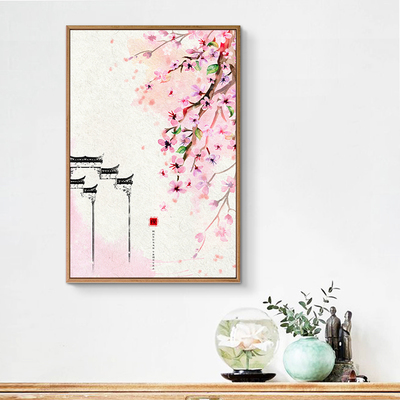 意境装饰画粉色花卉日式樱花水彩墙画壁画床头主题餐厅古典婴英