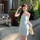 alex stevens肯豆风方领吊带连衣裙女收腰夏季修身包臀短款裙子