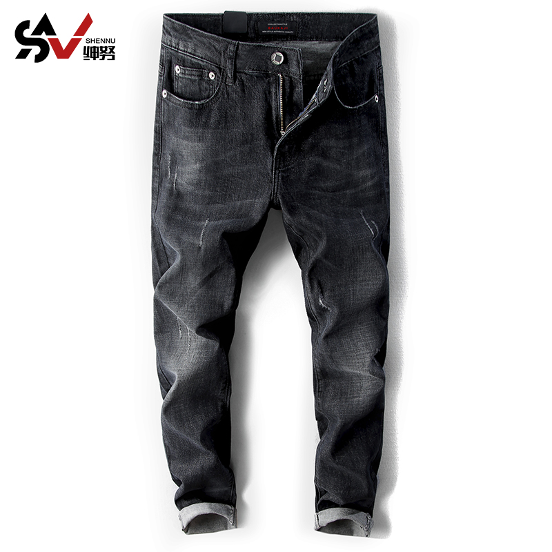 紳努潮流鼕季黑色牛仔褲男士小腳褲子男生修身彈力韓版潮秋季加絨