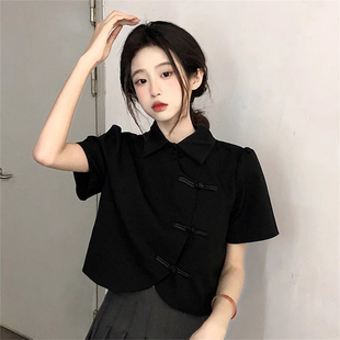 黑色正肩短袖T恤女夏设计感小众新中式国风改良旗袍别致短款上衣