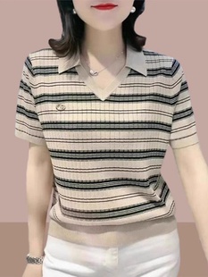 冰丝针织短袖t恤女2024夏季新款polo衫中年妈妈装小个子短款上衣