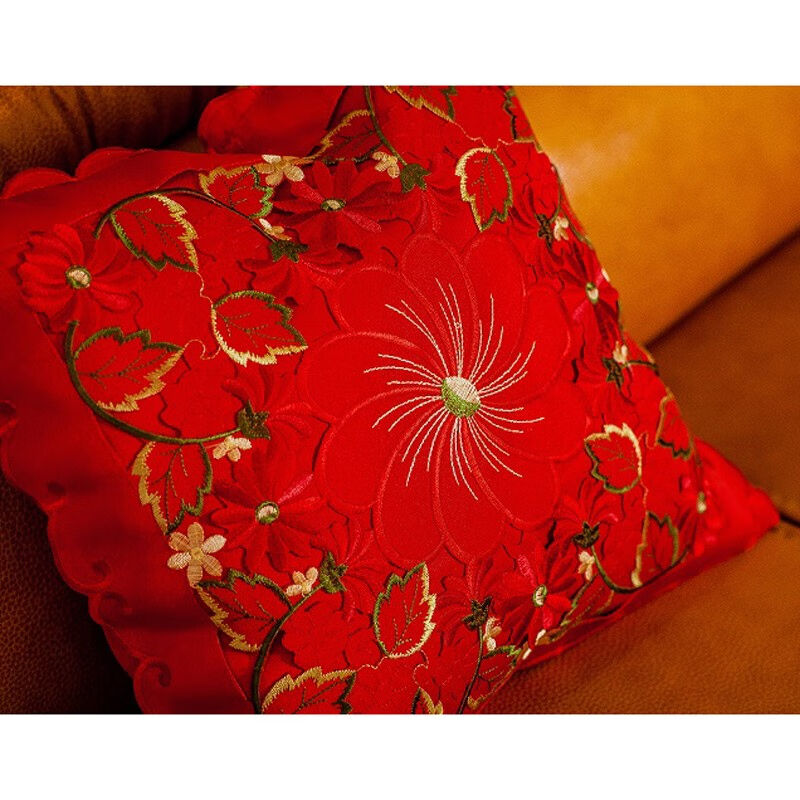 大红色喜庆抱枕套结婚靠垫套绣花布艺婚庆装饰不含枕芯43x43cm不|