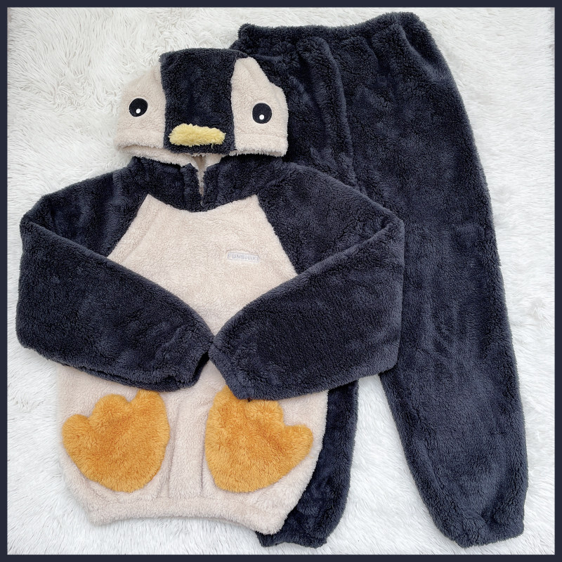 泛式原创设计可爱毛绒加厚企鹅睡衣柔软居家服男女同款情侣冬季