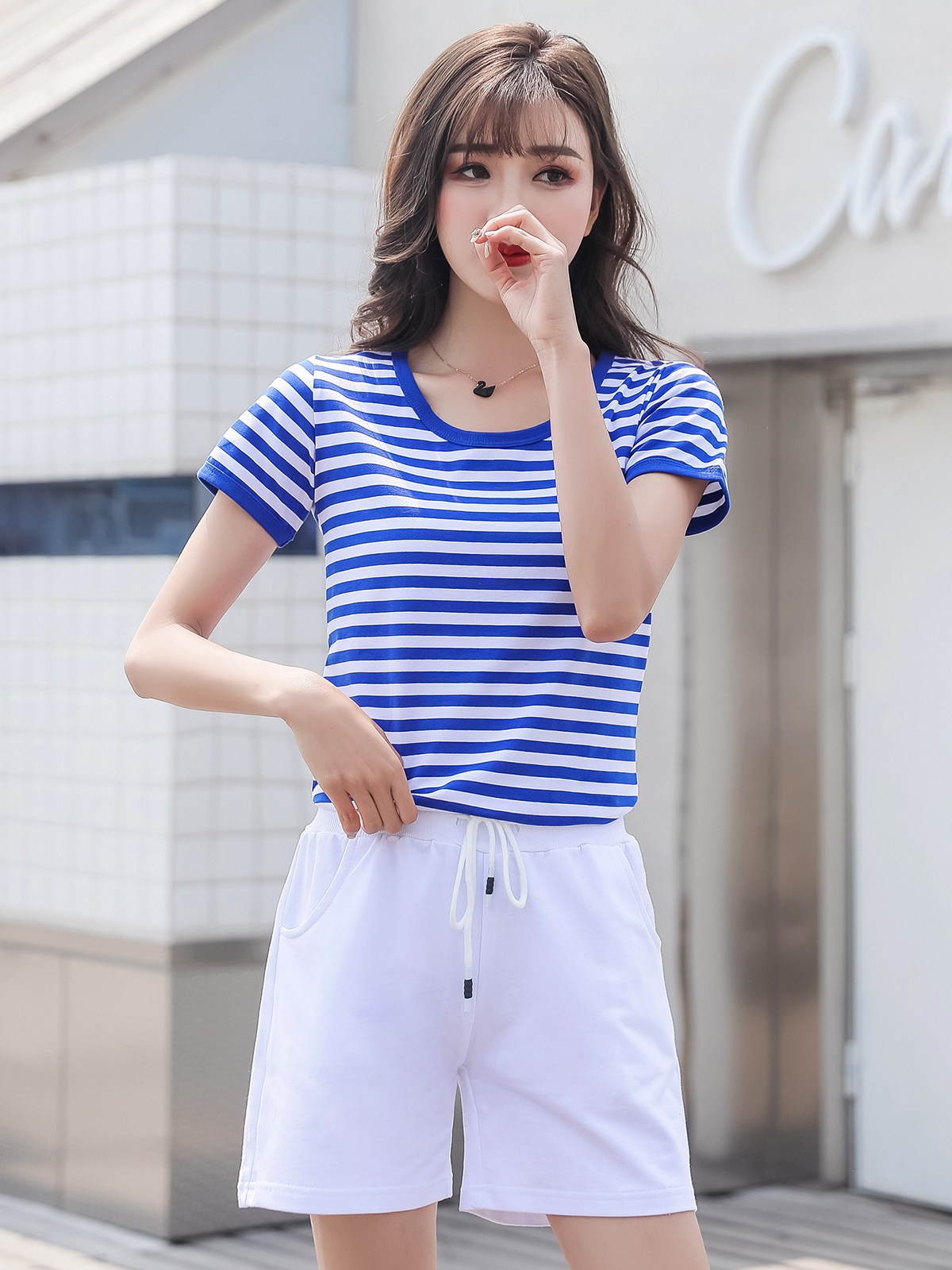 海魂衫女夏季纯棉蓝色短袖情侣装 蓝白横条纹半袖学院风水手服t恤