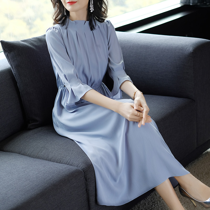 2018夏季新款女装纯色气质淑女中长款收腰连衣裙名媛修身显瘦长裙