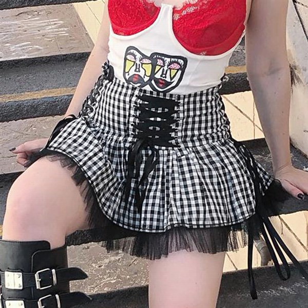 Lace mesh splicing black and white plaid hot girl skirt 2021在类目 女装/女士精品, 半身裙中 - 来自Buy2taobao.com提供专业的淘宝代购服务