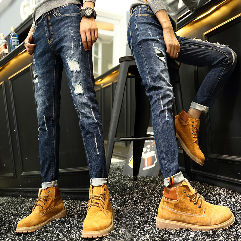 加絨秋鼕款牛仔褲 男士修身小腳褲男韓版彈力青年破洞貓須加厚款