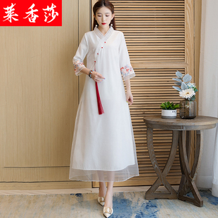中国风改良版汉服夏装女复古中式刺绣旗袍禅意茶服白色仙气连衣裙