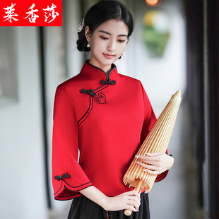 春夏汉服女中国风大码年轻茶艺服复古唐装上衣民国改良旗袍两件套