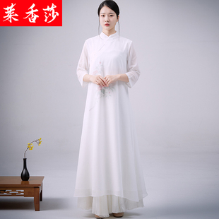 中国风禅意女装茶禅服改良汉服连衣裙两件套中式雪纺茶艺师服装夏