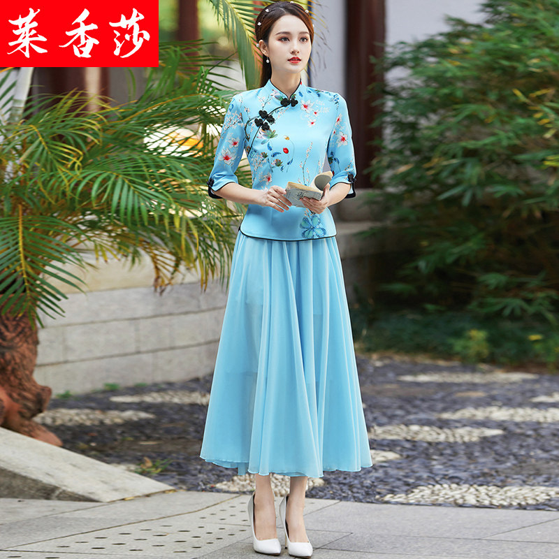 春夏中国风改良旗袍上衣女复古民族风大码修身立领盘扣茶服两件套