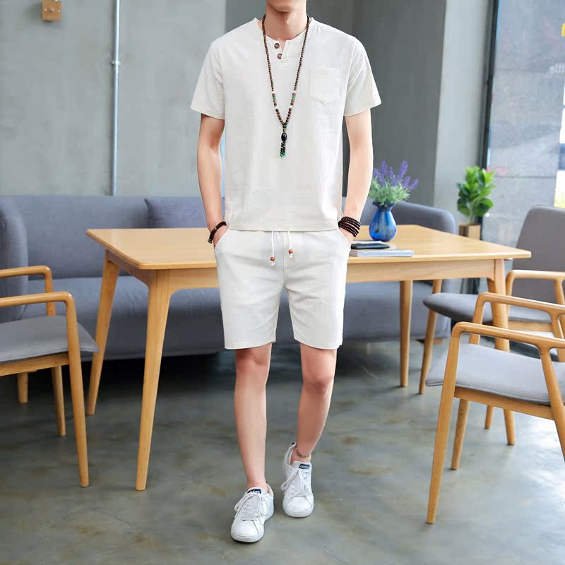 Chinese style Linen T-shirt Short sleeved suit summer Cotton and hemp Solid Tang costume Two piece set shorts clothesin the Men's clothing, T-shirt category - from Buy2taobao.com to provide professional Taobao agent buy service