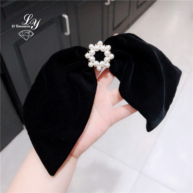 韩国东大门黑色丝绒蝴蝶结飘带发夹顶夹弹簧夹网红女马尾夹发饰新