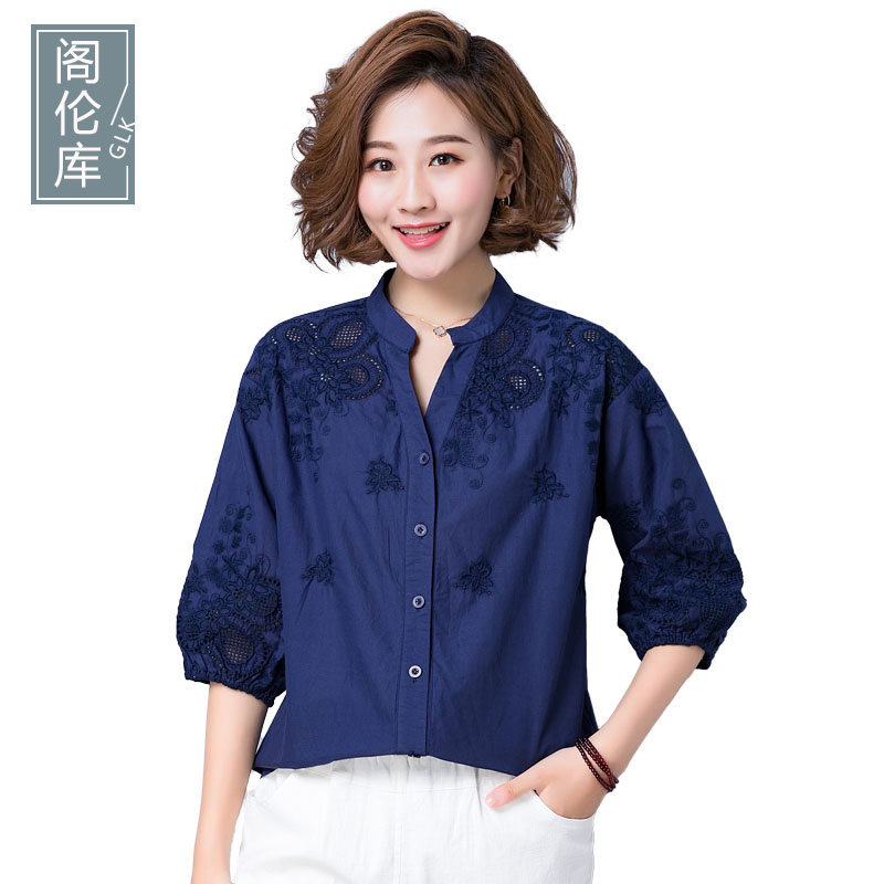 棉麻衬衫女中袖遮肚显瘦2020新款夏装宽松立领七分袖大码亚麻上衣