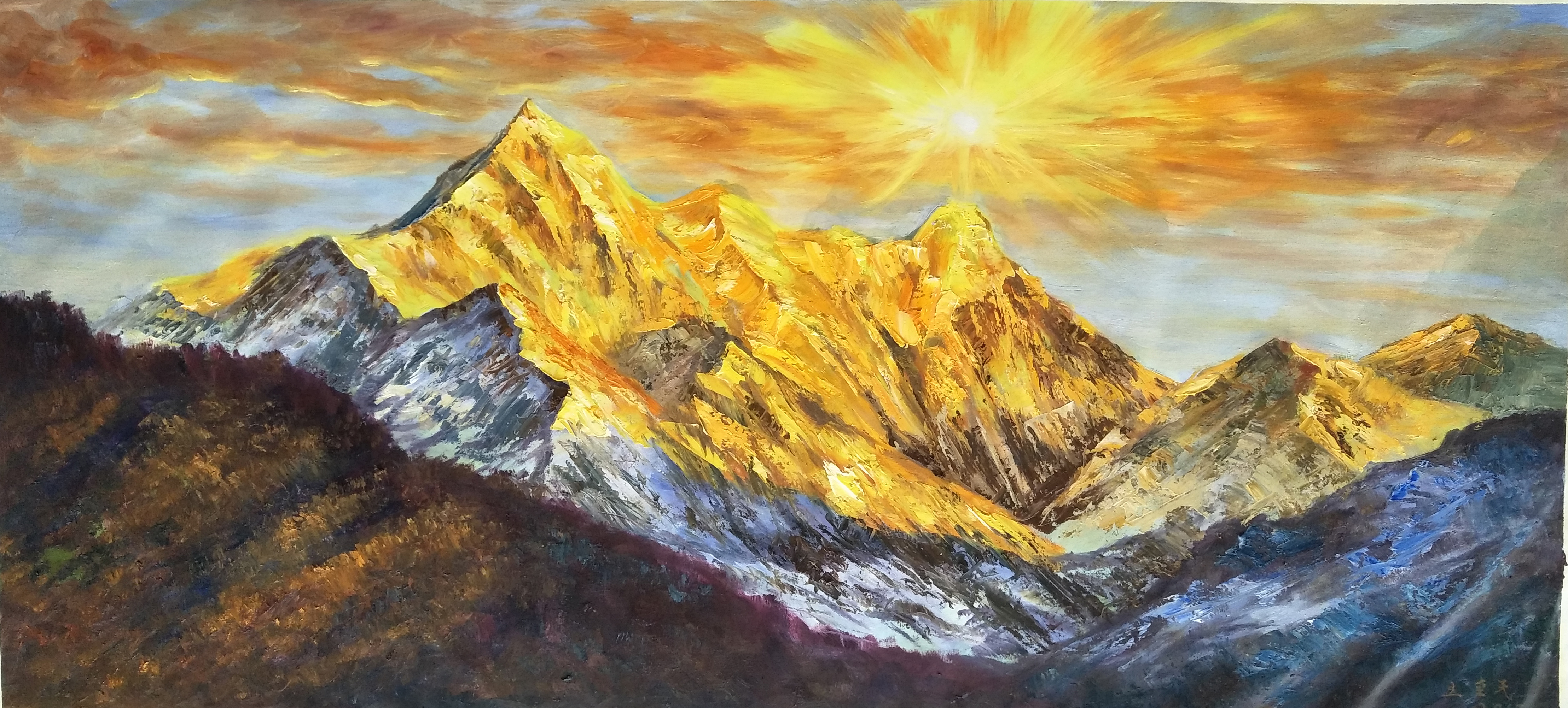 王爱民《朝阳映金山》大尺幅原创布面油画