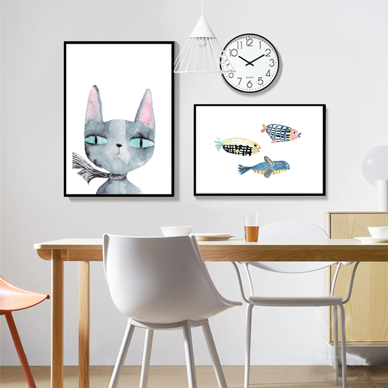 北欧装饰画猫和鱼客厅沙发背景墙壁画卧室餐厅小清新卡通ins挂画