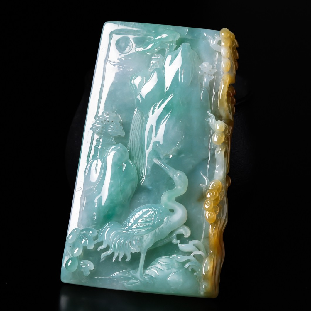 【源头好货-实物已检】皇廷翡翠a货精雕双彩仙鹤延年吊坠71.98g