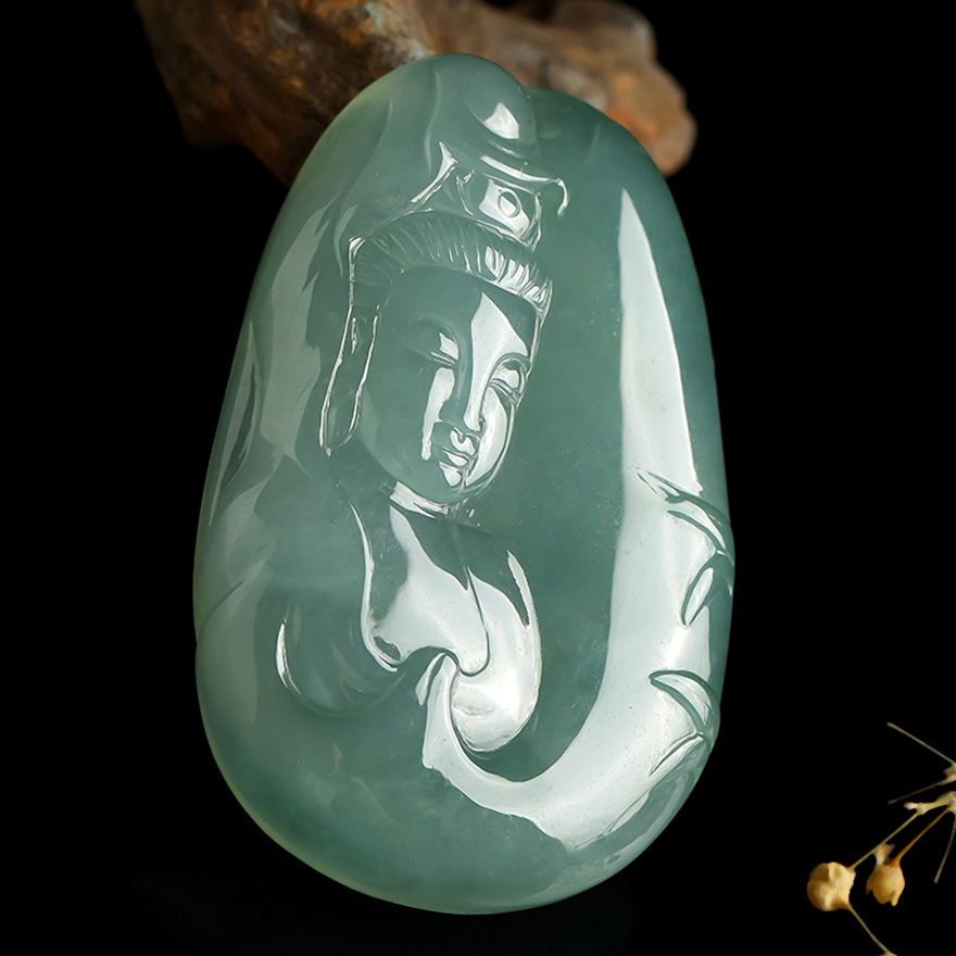 【普渡众生】缅甸老坑冰种天然a货翡翠观音头像吊坠31.51g