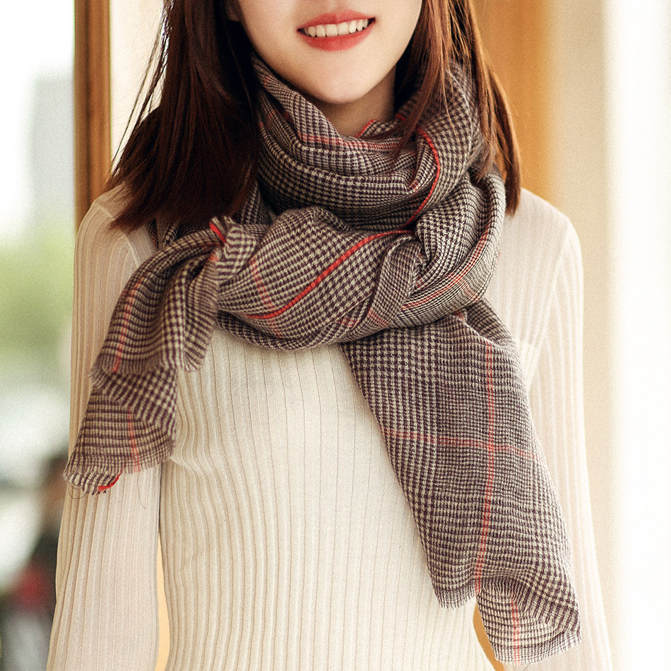 快乐家 经典英伦风 优雅千鸟格绒暖纯羊毛大尺寸短流苏边围巾披肩