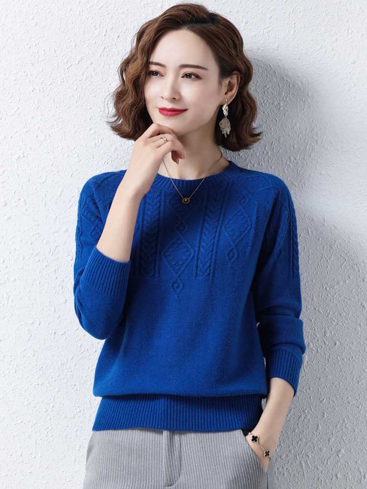 女士圆领毛衣秋冬季2022年新款宝蓝色低领内搭春秋针织打底衫洋气