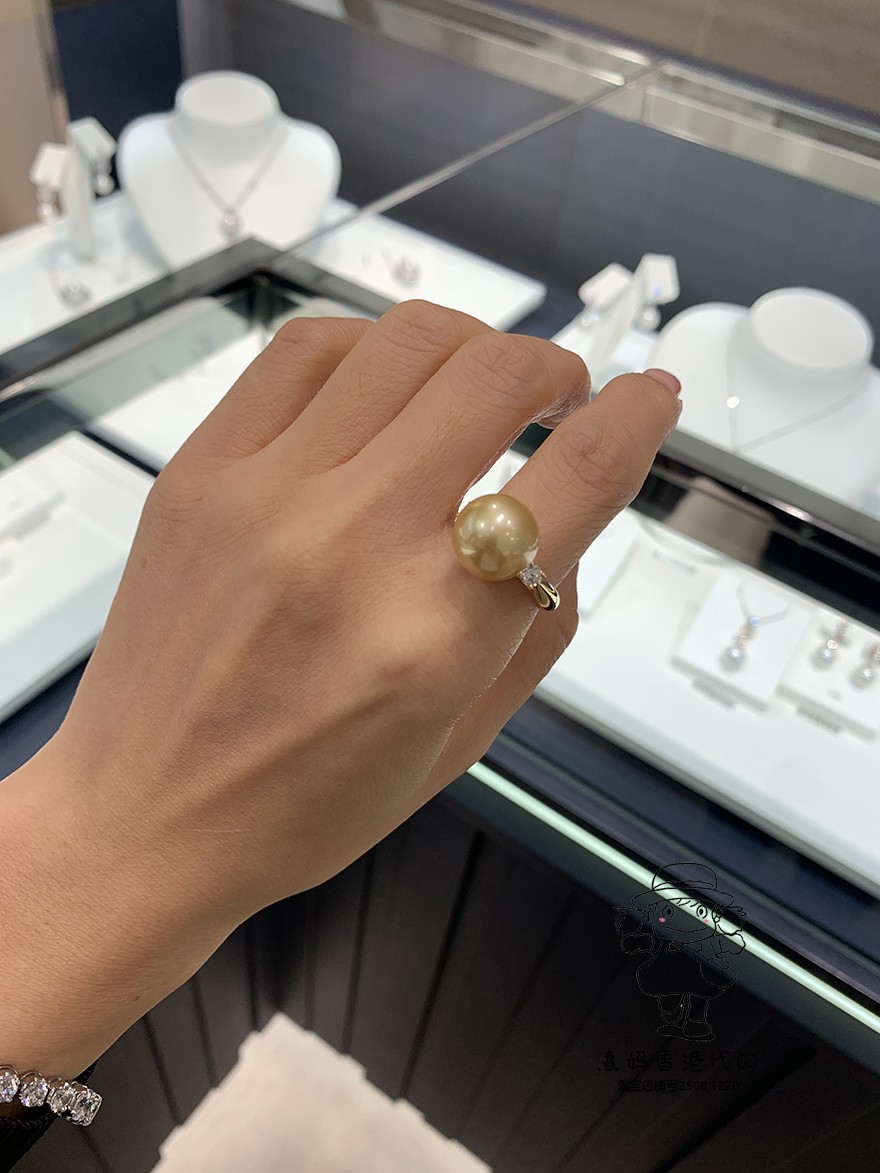 香港mikimoto御木本18k黄金镶钻南洋金珠款女生戒指124mm