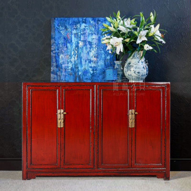 古典中式玄关台实木家具仿古做旧酒红色鞋柜大号玄关柜榆木餐边柜-mc