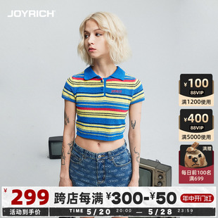 JOYRICH美式复古撞色条纹短袖高腰POLO领针织T恤24春夏新款女衬衫