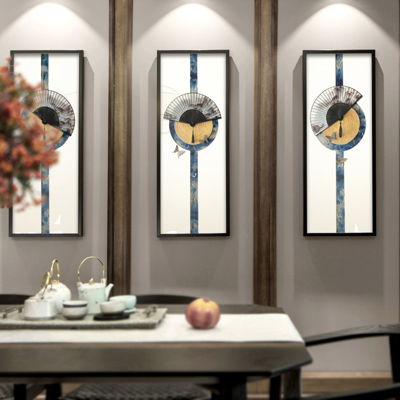 可观新中式扇子客厅沙发装饰画餐厅三联组合立体实物挂画