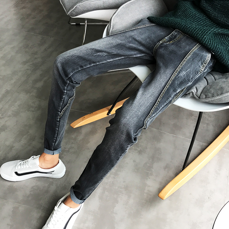 秋鼕季新款褲子男韓版潮流修身牛仔長褲青少年男士黑色加絨小腳褲