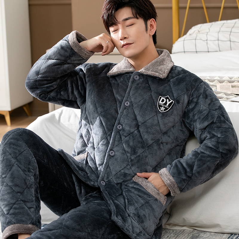 珊瑚绒三层夹棉睡衣男秋冬超厚加厚加绒法兰绒家居服毛绒长袖套装