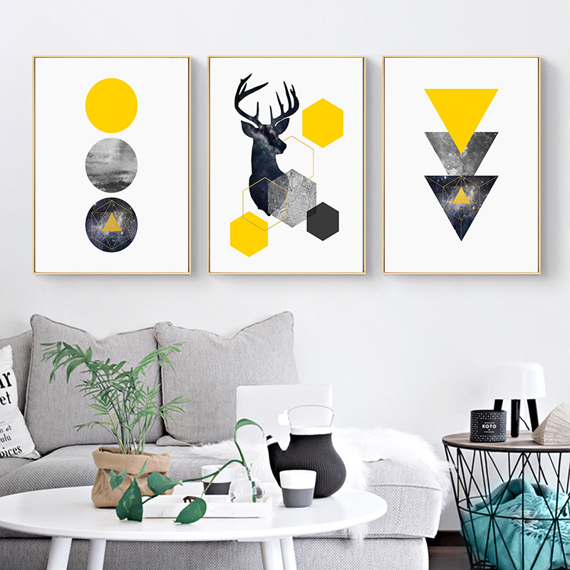 北欧风格客厅装饰画沙发背景墙组合画抽象艺术挂画小清新三联画鹿