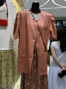 coffee小姐 2024夏季韩版新款时尚复古圆领泡泡短袖棉麻西装外套
