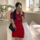 裙子女2024新款夏季韩国代购东大门红色Polo领短袖针织连衣裙