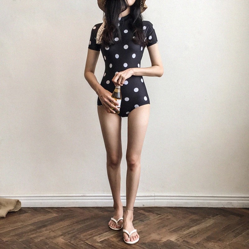 韩国复古清新泳装 连体泳衣 波点短袖保守 遮肚显瘦三角 游泳衣女