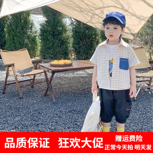 儿童衬衣夏季薄款外套宝宝短袖衫上衣小童韩版打底衫男童格子衬衫