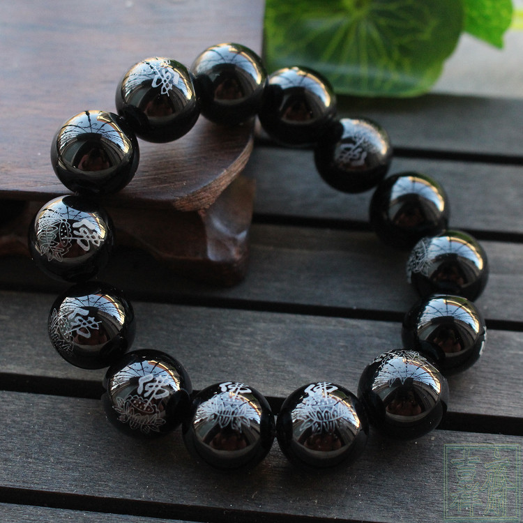 天然黑玛瑙手珠手串莲花玉珠子男女款手链 民族大气手珠玉石水