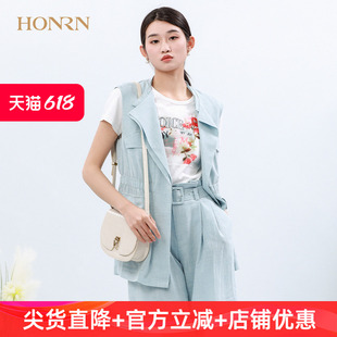 HONRN/红人休闲宽松薄款无袖收腰工装开衫外套背心女马甲夏季外穿